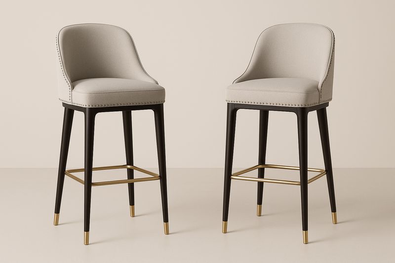 Tabouret de bar en tissu avec pieds en bois et repose-pieds en métal