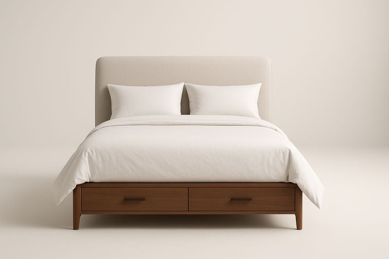 Lit double en bois et tissu beige 160x200 cm