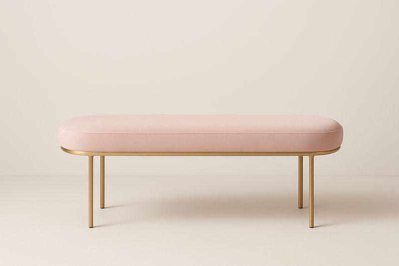Banc ovale tissu polyester rose pieds métal doré 140cm