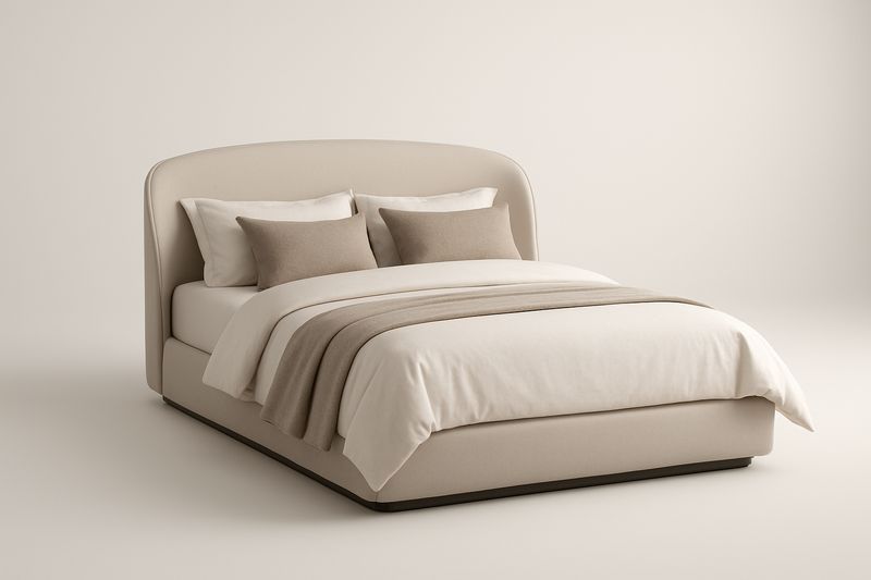 Lit double en tissu beige avec tête de lit incurvée