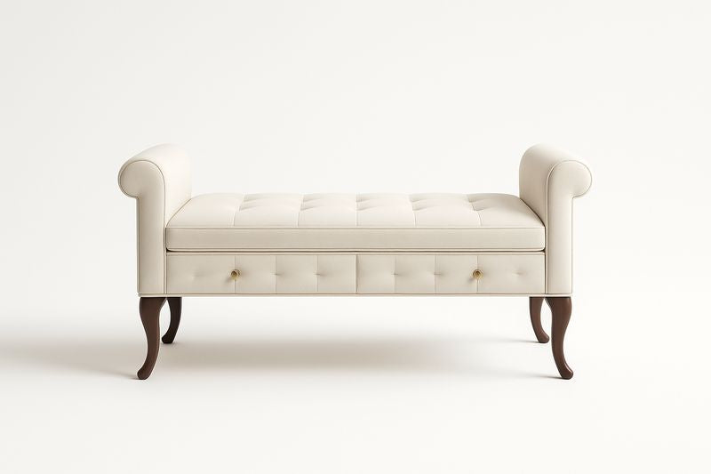 Banquette en similicuir blanc avec rangement et pieds en bois