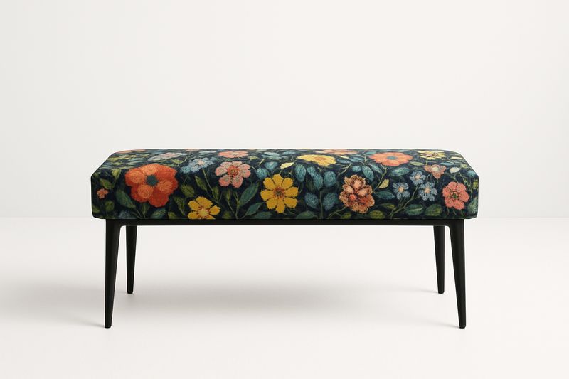 Banc rectangulaire en tissu floral avec pieds en bois noir