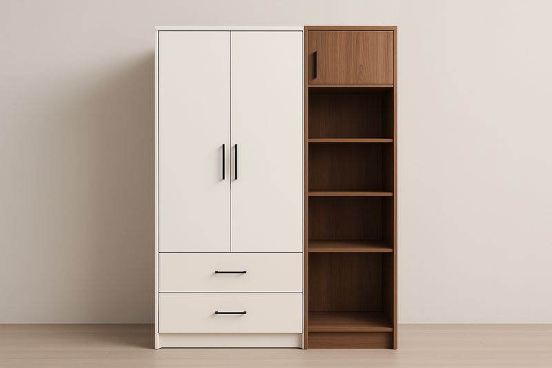 Armoire en Bois Blanc et Noyer avec Étagères et Tiroirs