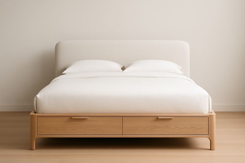 Lit double en bois avec tête de lit en tissu crème et tiroirs