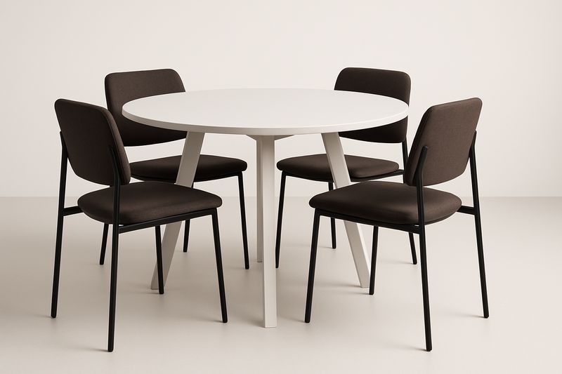 Table ronde en bois MDF blanc avec 4 chaises en tissu brun et structure métallique