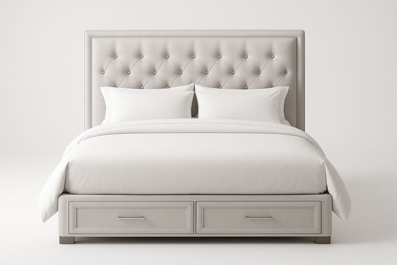 Lit double en bois et tissu gris avec rangements 160x200 cm