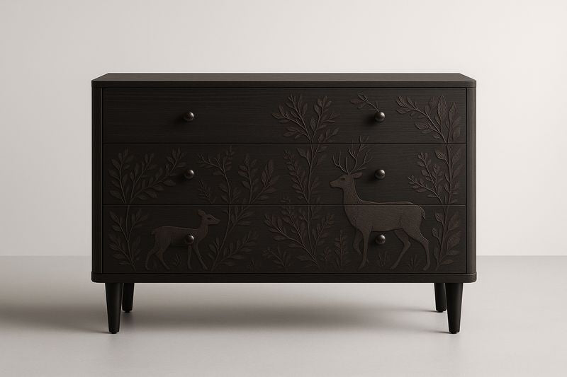 Commode en bois noir avec motif animalier