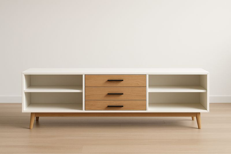 Meuble TV bois MDF blanc et chêne 150x45x50 cm