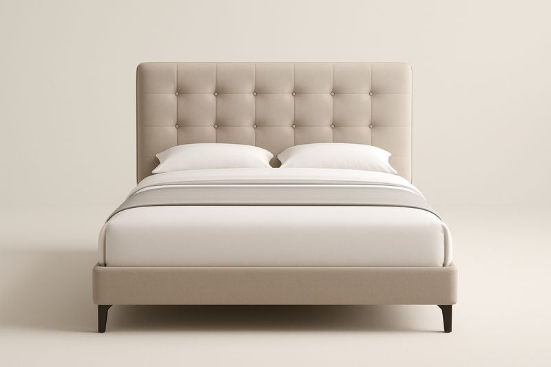 Lit double en tissu beige avec tête de lit