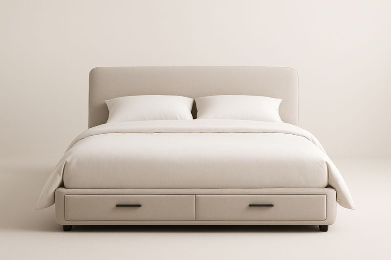 Lit double en tissu beige avec tiroirs 160x200 cm