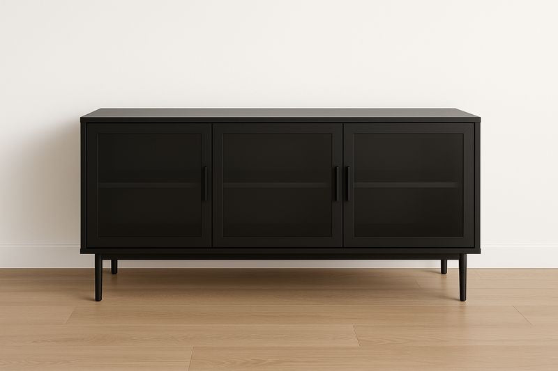 Meuble TV en métal et verre trempé noir 150x40x60 cm