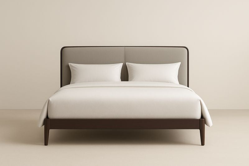 Lit double en bois avec tête de lit rembourrée en tissu gris 200x160x110 cm