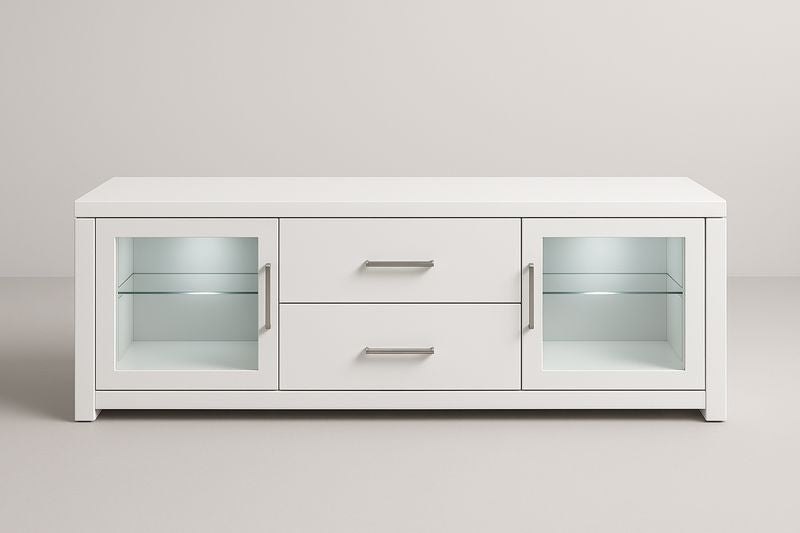 Meuble TV bois MDF et verre blanc avec tiroirs 150x45x50 cm