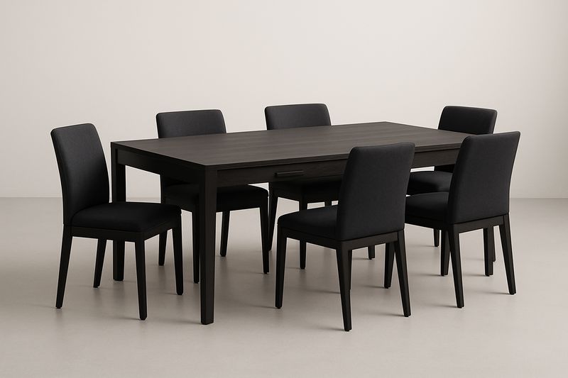 Table à manger en bois noir avec 6 chaises en tissu