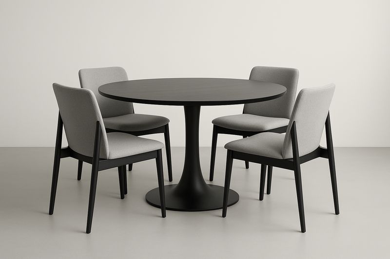 Table ronde avec 4 chaises en bois et tissu Gris