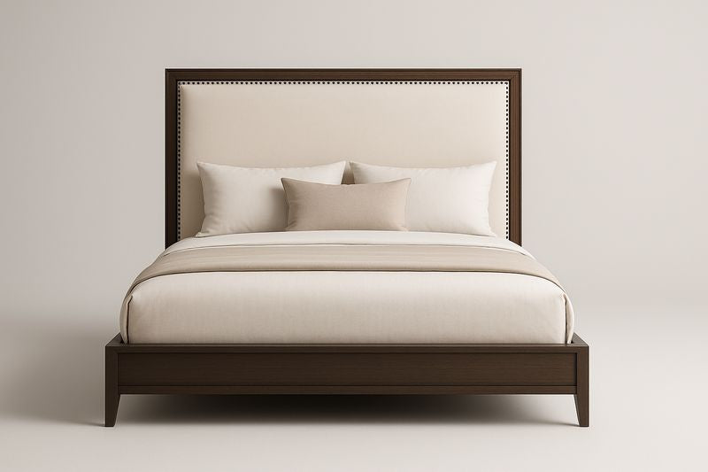 Lit double en bois et tête de lit rembourrée beige 200x160 cm