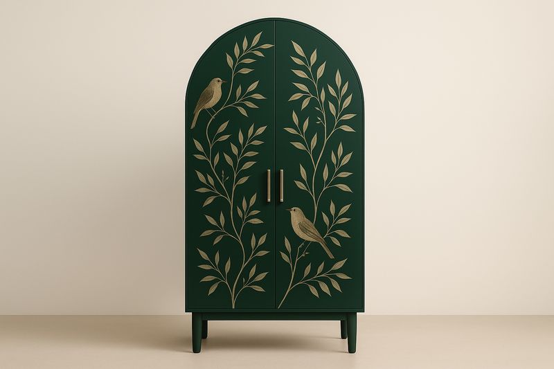 Armoire en bois avec motifs d'oiseaux verts foncés