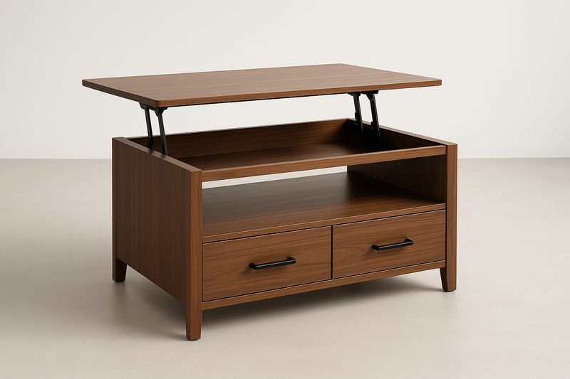 Table basse rectangulaire en placage de noyer avec tiroirs et mécanisme relevable 100x60x45cm