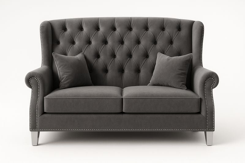 Canapé 2 Places Velours Gris avec Accoudoirs et Détails Métal