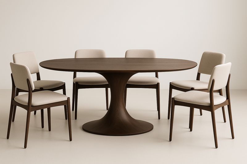 Table à manger ovale en bois noyer avec 6 chaises en tissu beige