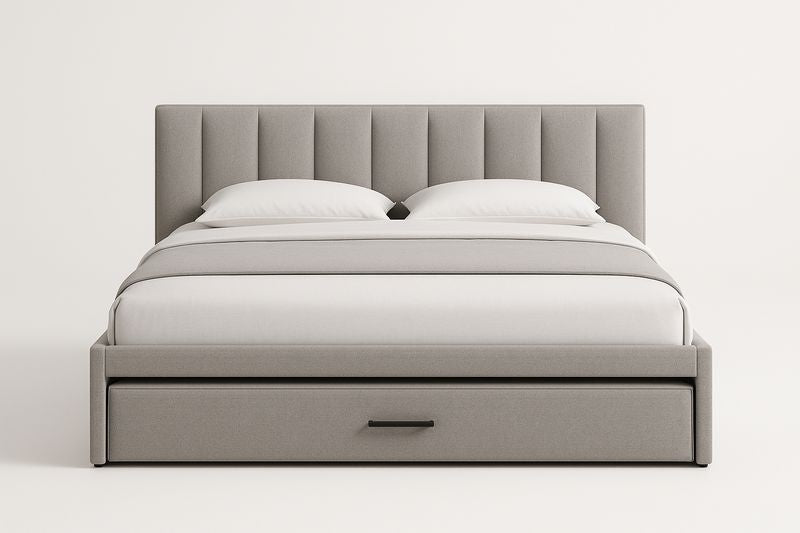 Lit double avec tête de lit en tissu gris avec tiroir 160x200 cm