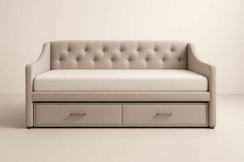 Canapé-lit en tissu beige avec tiroirs de rangement