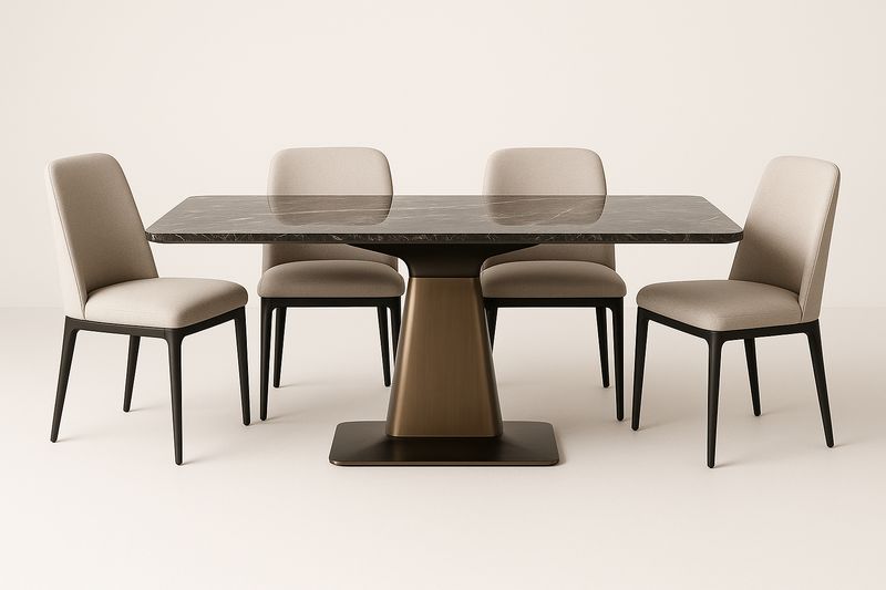 Table en marbre avec pieds en métal et 4 chaises en polyester beige