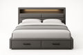 Lit double en tissu polyester gris avec rangement et éclairage intégré