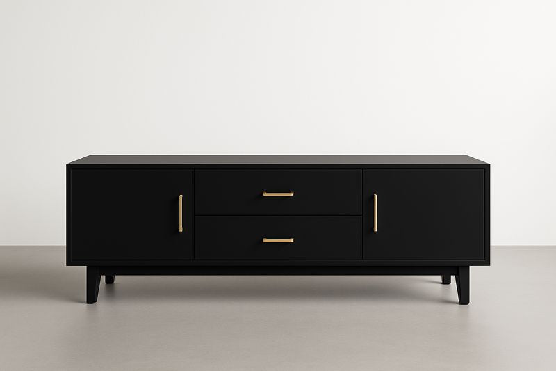 Meuble TV bois MDF Noir avec poignées Dorées