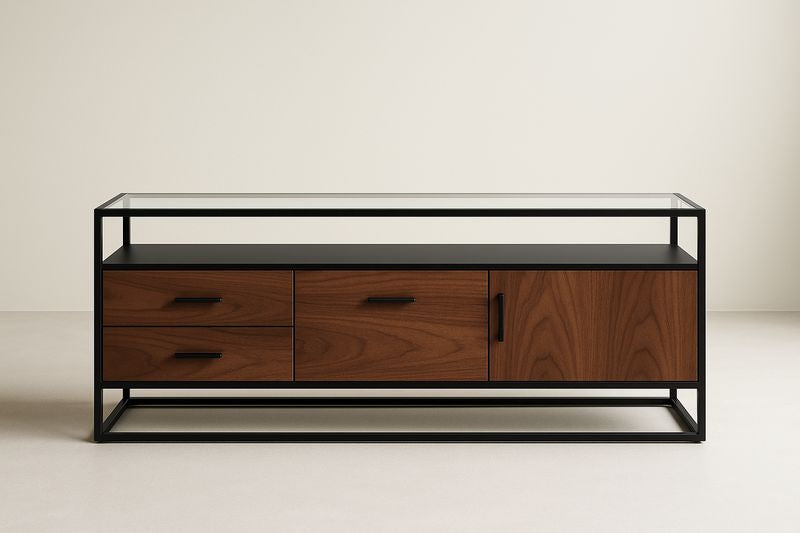 Meuble TV en Verre Trempé, Bois et Métal 150x40x50 cm