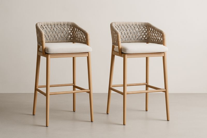 Lot de 2 tabourets de bar en bois et fibre synthétique Beige/Blanc