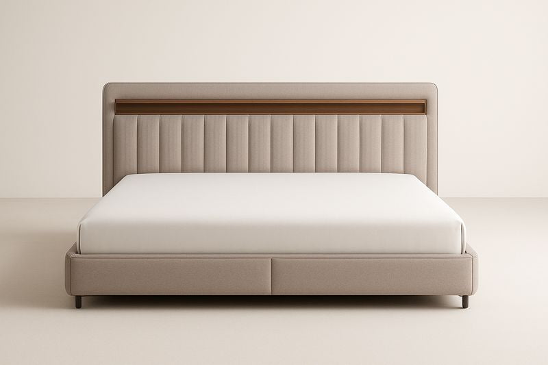 Lit double en tissu avec tête de lit en bois