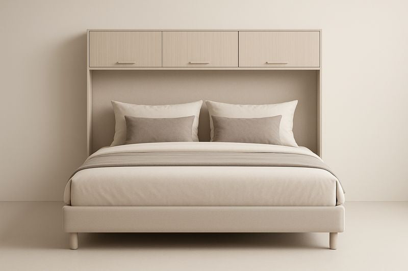 Lit double avec tête de lit rangement en bois et tissu polyester 160x200 cm Beige