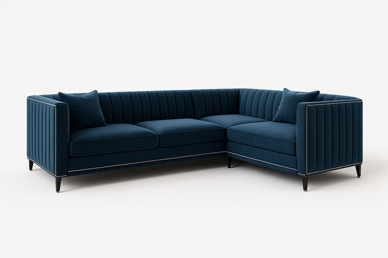 Canapé d'angle en velours bleu avec pieds en bois